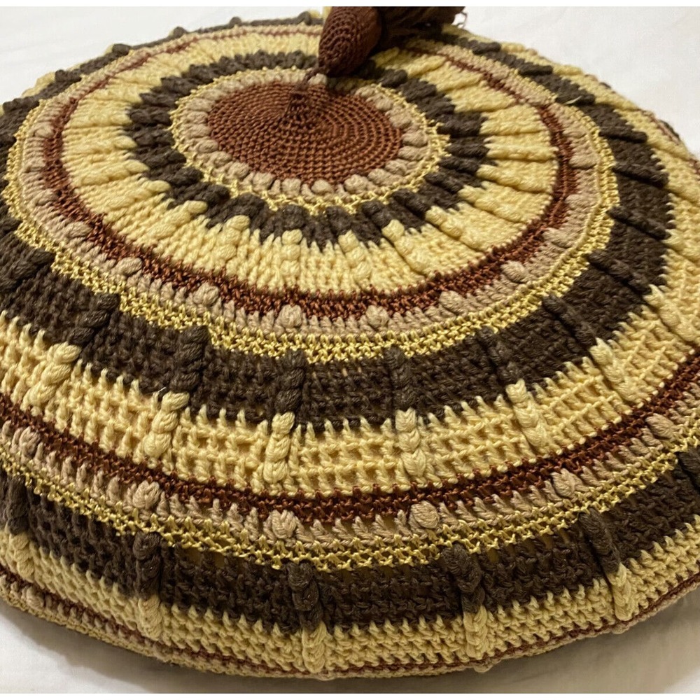 Crocheted Throw Pillow MCM Browns Beige Vtg 70s Look Round Meditation - Picture 3 of 10